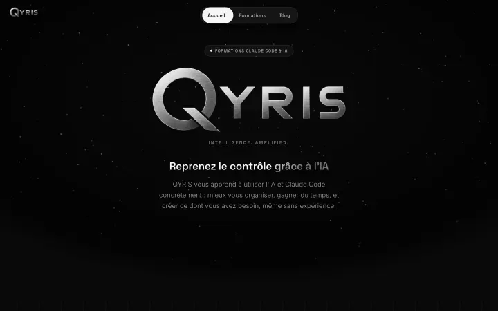 Page d'accueil du site qyris.fr : le logo QYRIS en métal brossé sur un fond noir étoilé