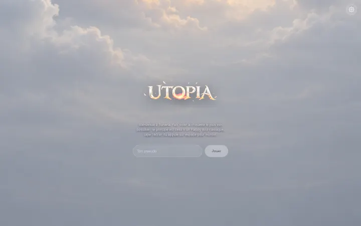 Accueil du jeu Utopia : le titre doré au milieu d'un ciel nuageux et un champ pour saisir son pseudo